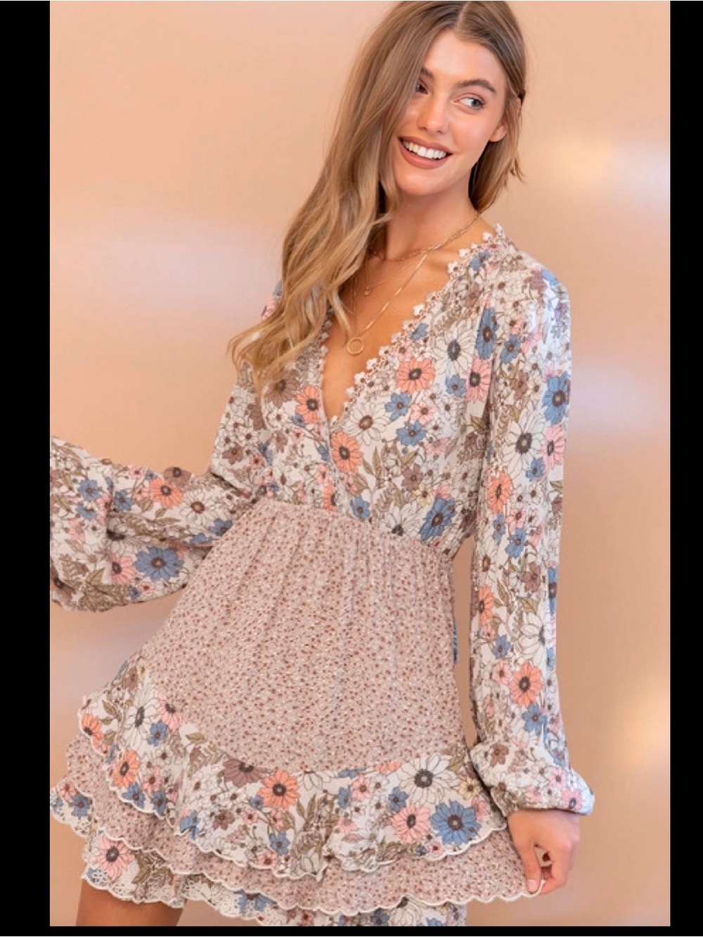 BLUE B Floral V-Neck Balloon Sleeve Dress in Contrast Print 💖NWT💖
